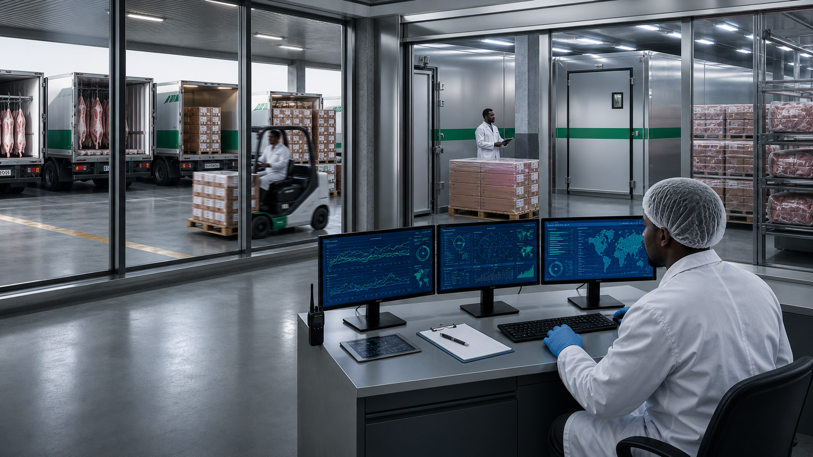Sudanese cold-chain team in a temperature control room with refrigerated loading systems