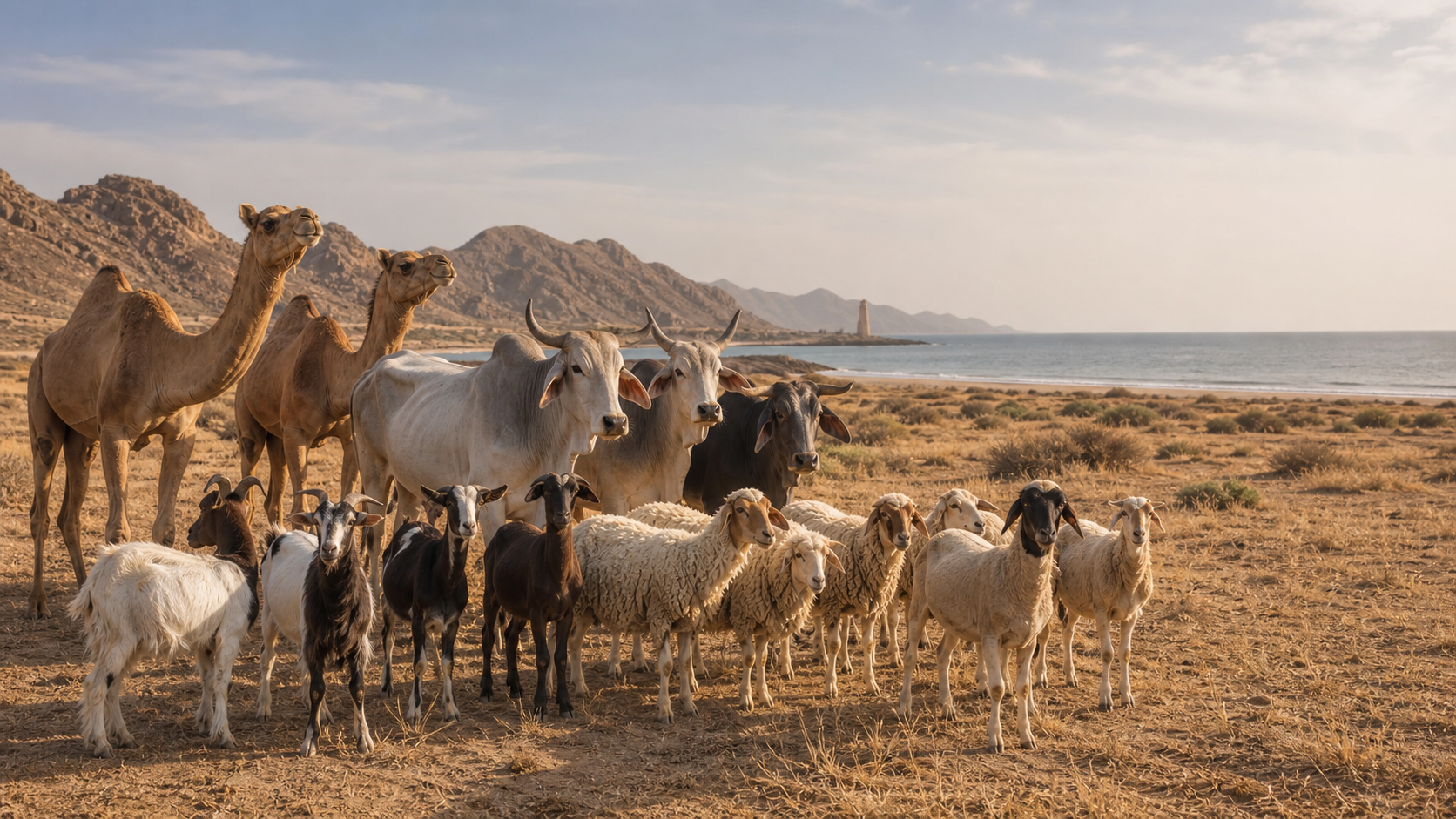 Native Sudanese sheep, goats, cattle, and camels near the Red Sea